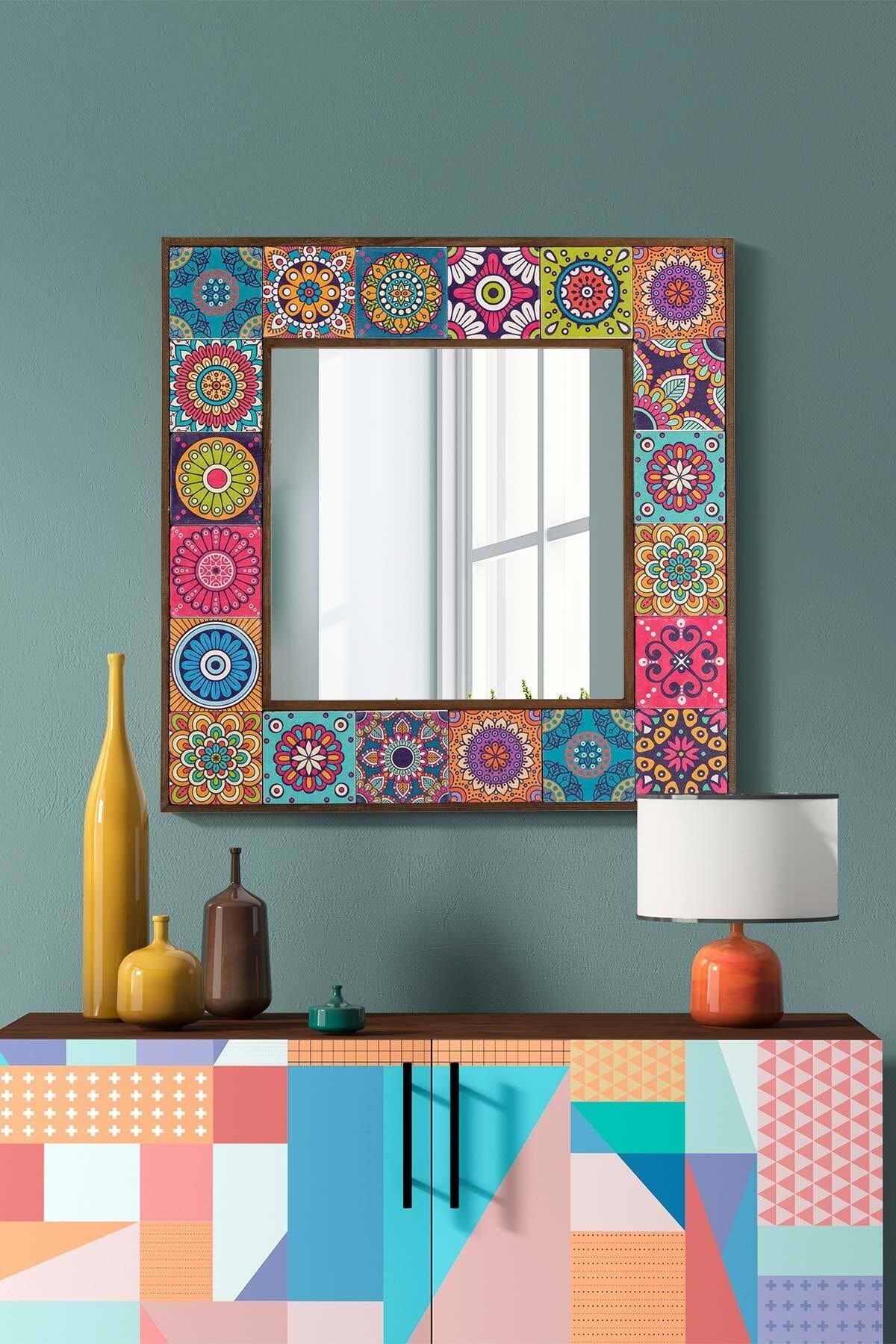 BlueHomeConcept Positano Doğal Ağaç 62x62 Cm Çerçeveli Doğal Limra Taş Kaplı Salon Duvar Konsol Boy Aynası