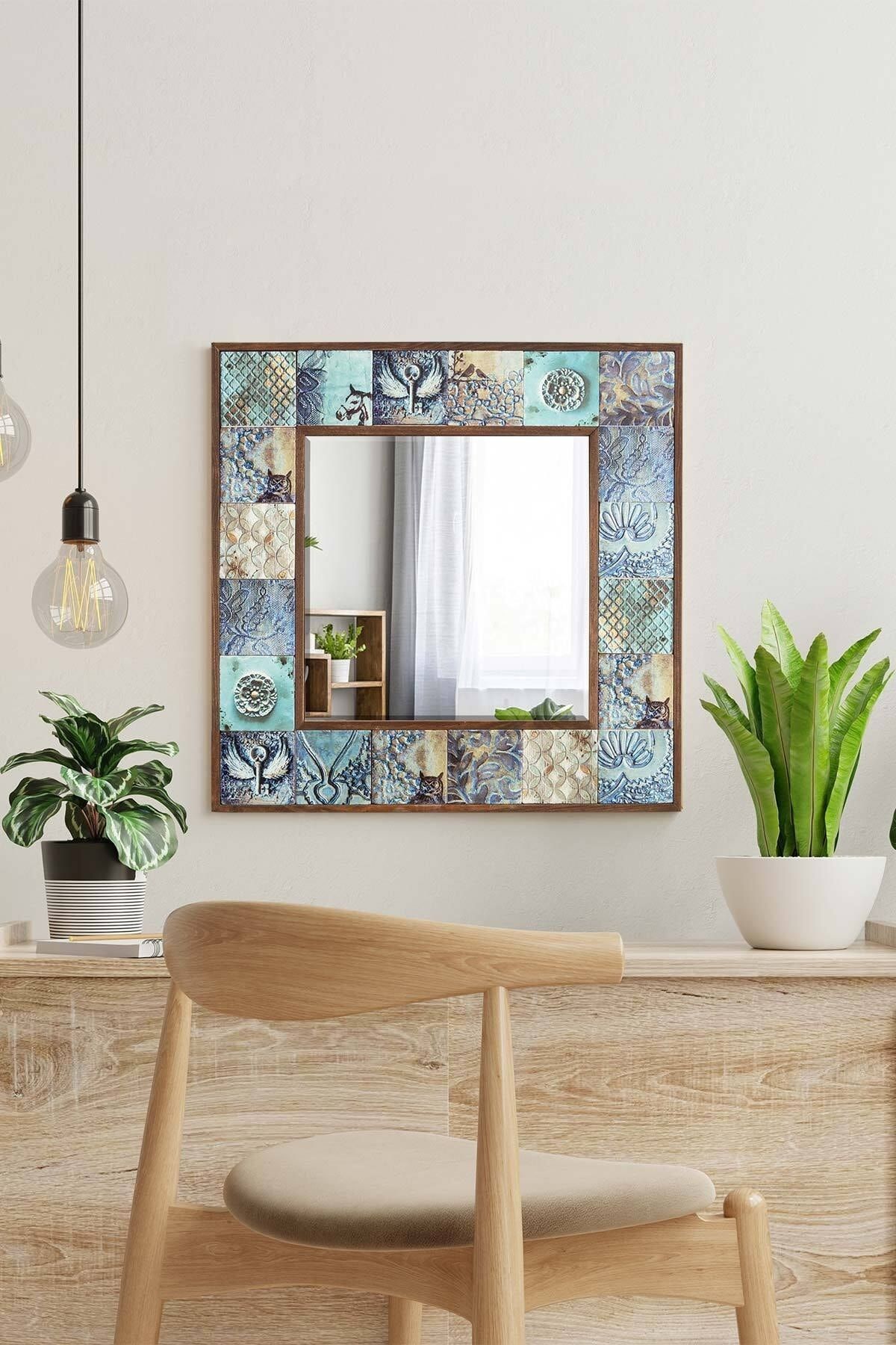 BlueHomeConcept Liverpool Doğal Ağaç 62x62 Cm Çerçeveli Antik Limra Taş Kaplı Salon Duvar Konsol Ofis Boy Aynası