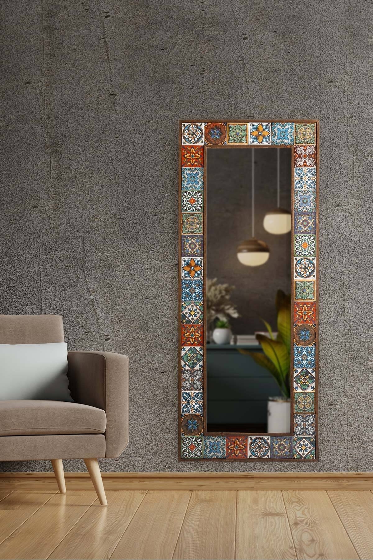 BlueHomeConcept Etnik Çini Seramik 60x148 Cm Doğal Ağaç Çerçeveli Salon Ofis Mutfak Duvar Konsol Boy Aynası