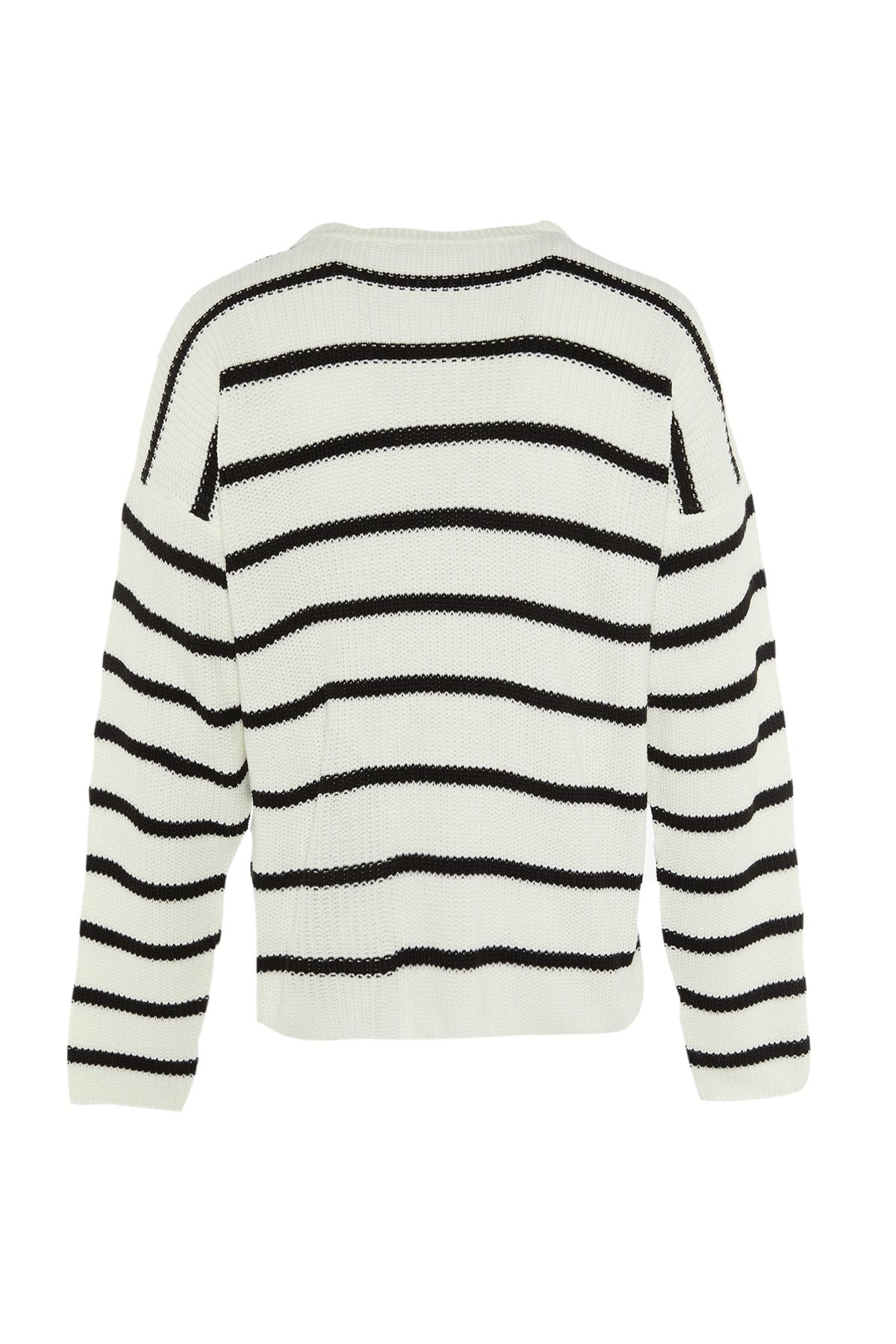 Trendyol Collection-Ecrufarbener, übergroßer, gestreifter Unisex-Pullover – Rundhalsausschnitt, doppelte breite Passform TMNAW23KZ00285 7