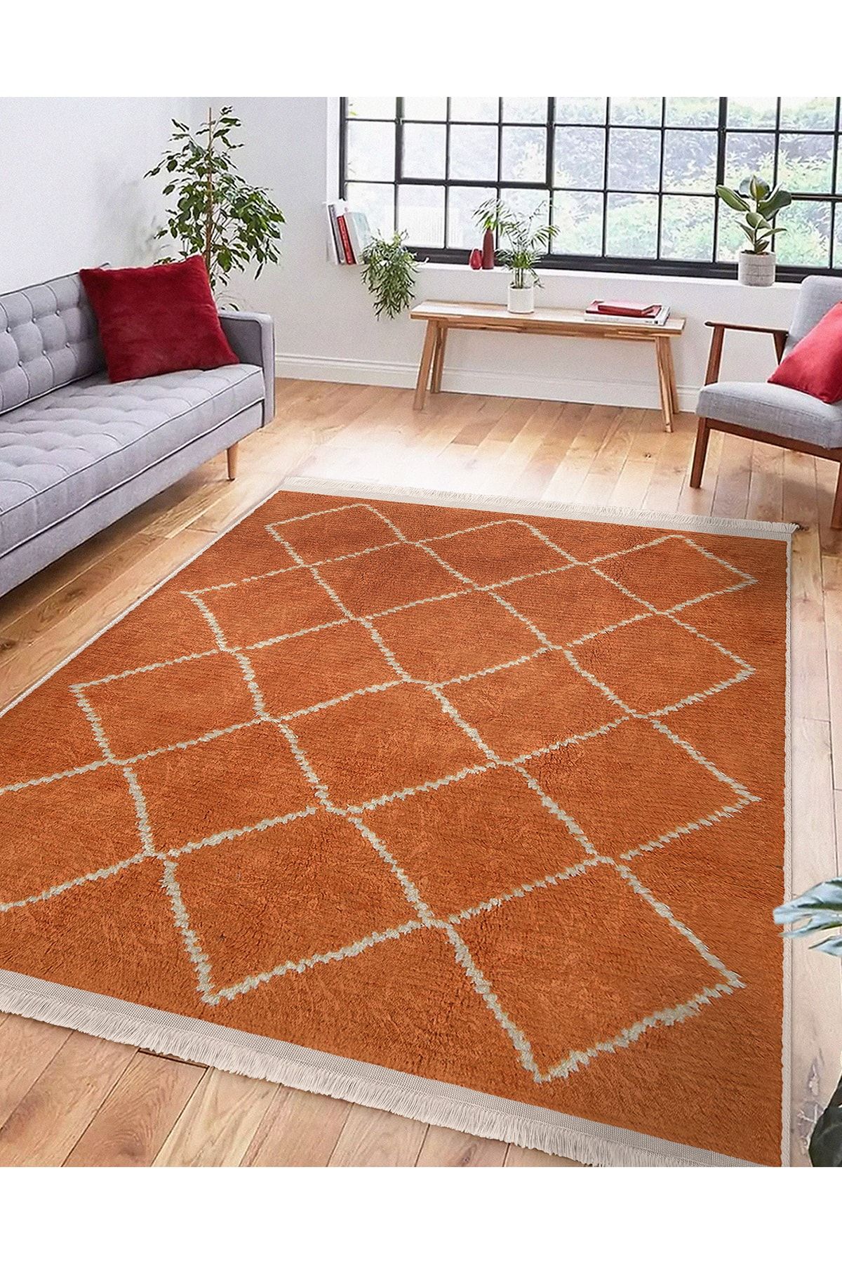 Realhomes Turuncu Zemin Etnik Motifli El Dokuma Desenli Geometrik Salon Oturma Odası Kaymaz Taban Saçaklı Halı