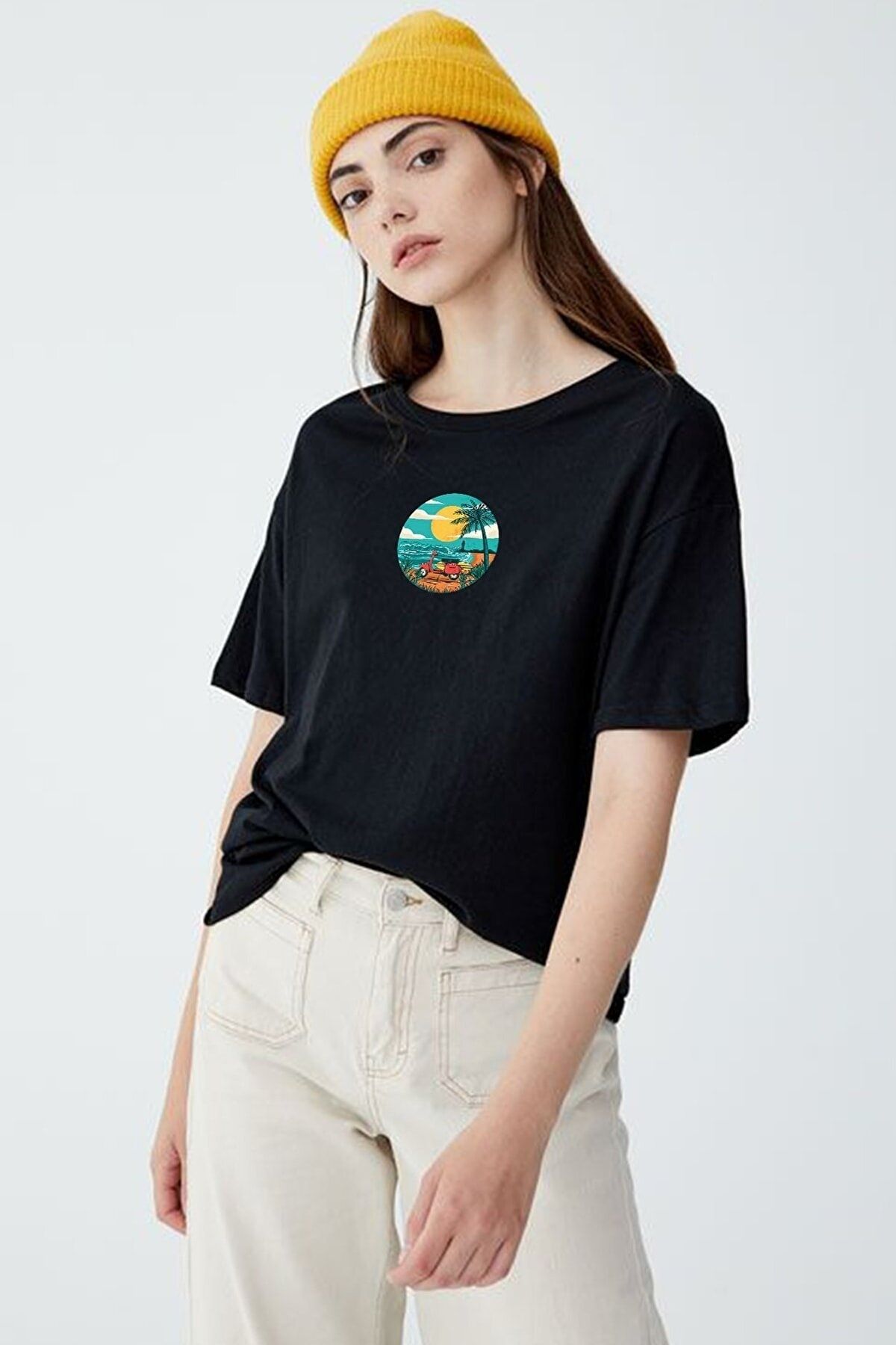 blackbonds Kadın Siyah Önü Scooter Baskılı Bisiklet Yaka Oversize Pamuklu T-shirt