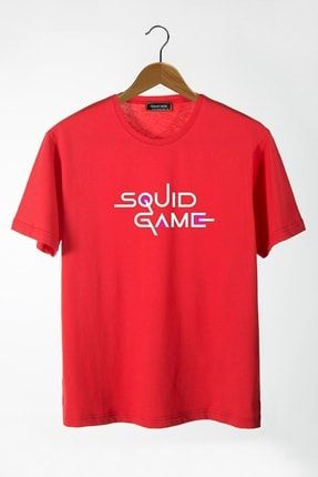 Erkek Kırmızı Önü Squid Game Baskılı Bisiklet Yaka Oversize T-shirt Theblt