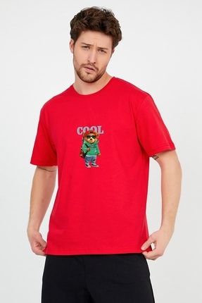 Erkek Kırmızı Önü Cool Ayıcık Baskılı Bisiklet Yaka Oversize Pamuklu T-shirt theblt20