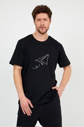 Erkek Siyah Önü Uçak Baskılı Bisiklet Yaka Oversize Pamuklu T-shirt theblt20