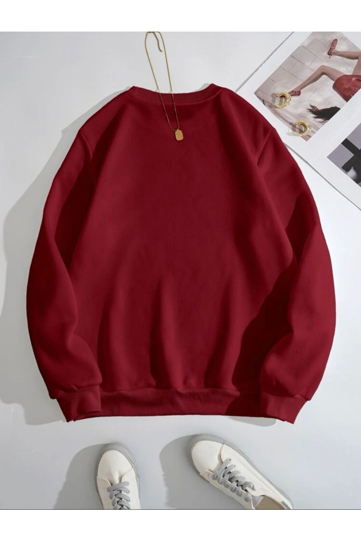Unisex Bordo Beauty Baskılı Bisiklet Yaka Sweathsirt — زرشکی yüzswt21 — تصویر 2 از 4