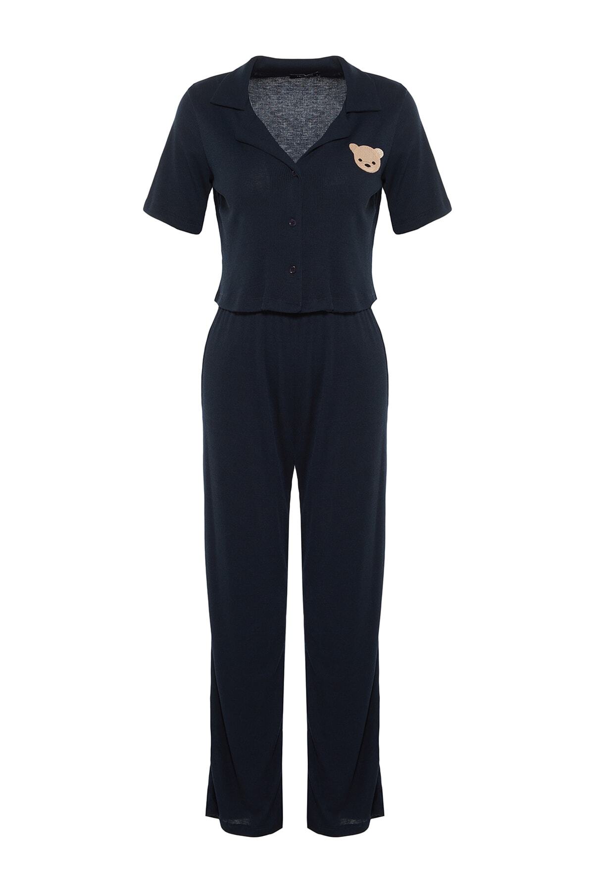 Trendyolmilla  Lacivert Ayıcık Nakışlı Fitilli Örme Pijama Takımı THMSS21PT0168 - Görsel 8