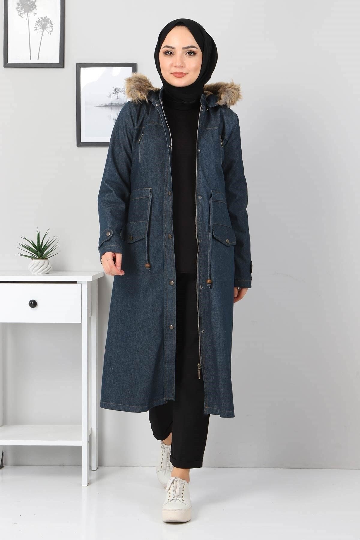 Modamihram-Petrolfarbener Jeansmantel mit Reißverschlussdetail – MİH9735 3