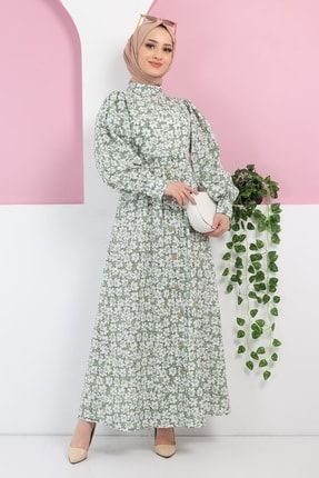 Düğme Detaylı Çiçekli Elbise Mint 10761