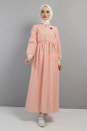 Çizgili Fermuarlı Elbise Turuncu 14500
