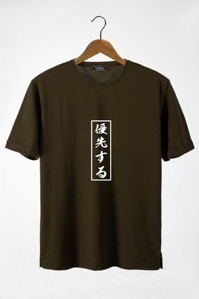 Erkek Haki Japonca Harf Baskılı Bisiklet Yaka Oversize T-shirt İ-119