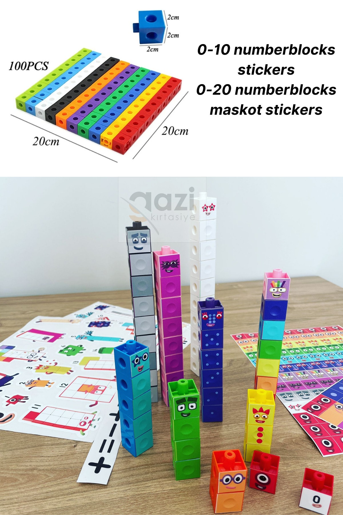 Gazi Kırtasiye Numberblocks 100 Parça Geçmeli Matematik Küpleri - Snapcubes / 0-10 Stickers Ve 0-20 Maskot Stickers