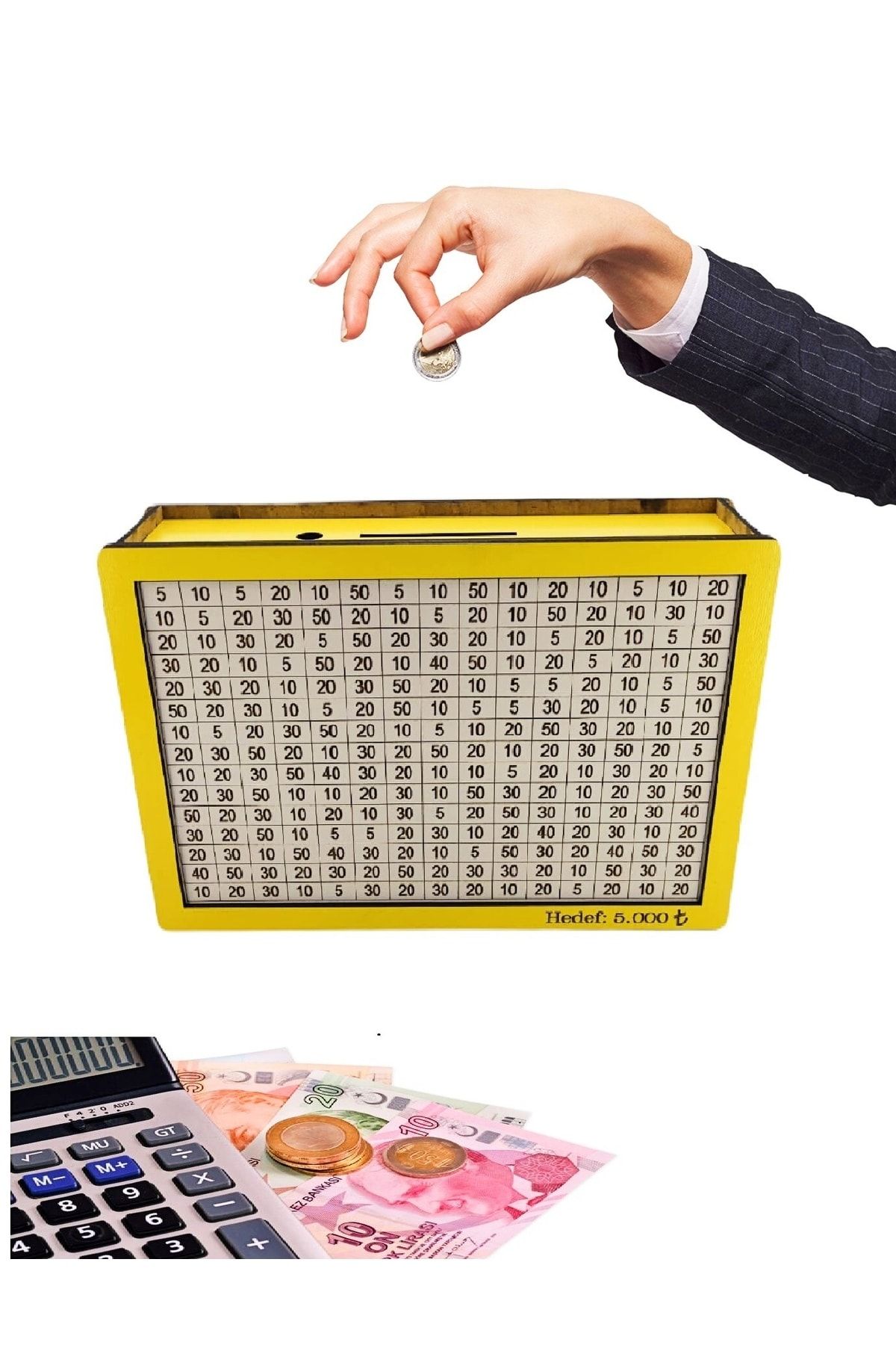 Parabox Hedef Kumbarası 5.000 Hedefli Para Biriktirme Kutusu Sarı Ahşap Kumbara