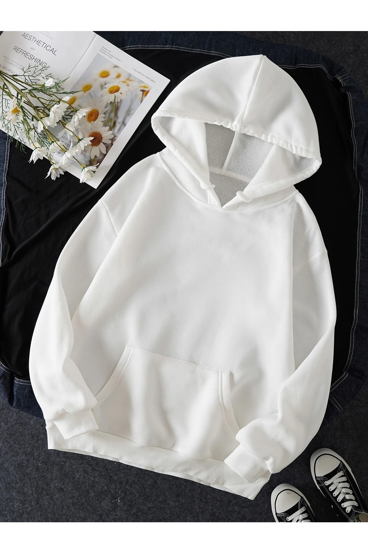 Deocept Unisex Beyaz Kapüşonlu Oversize Swetshirt