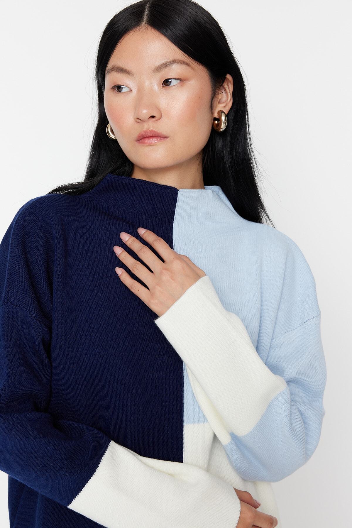 Trendyol Modest-Modrý úpletový sveter s vysokým golierom TCTAW22AK0054 3