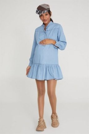 Kadın Açık Mavi Hamile Fırfırlı Uzun Kollu Elbise 1068 VAV1068-0002
