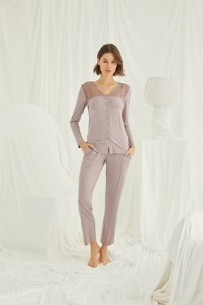 Kadın Yakası Kolu Ve Omzu Dantelli Önü Boydan Düğmeli Pijama Takımı MS18K18434
