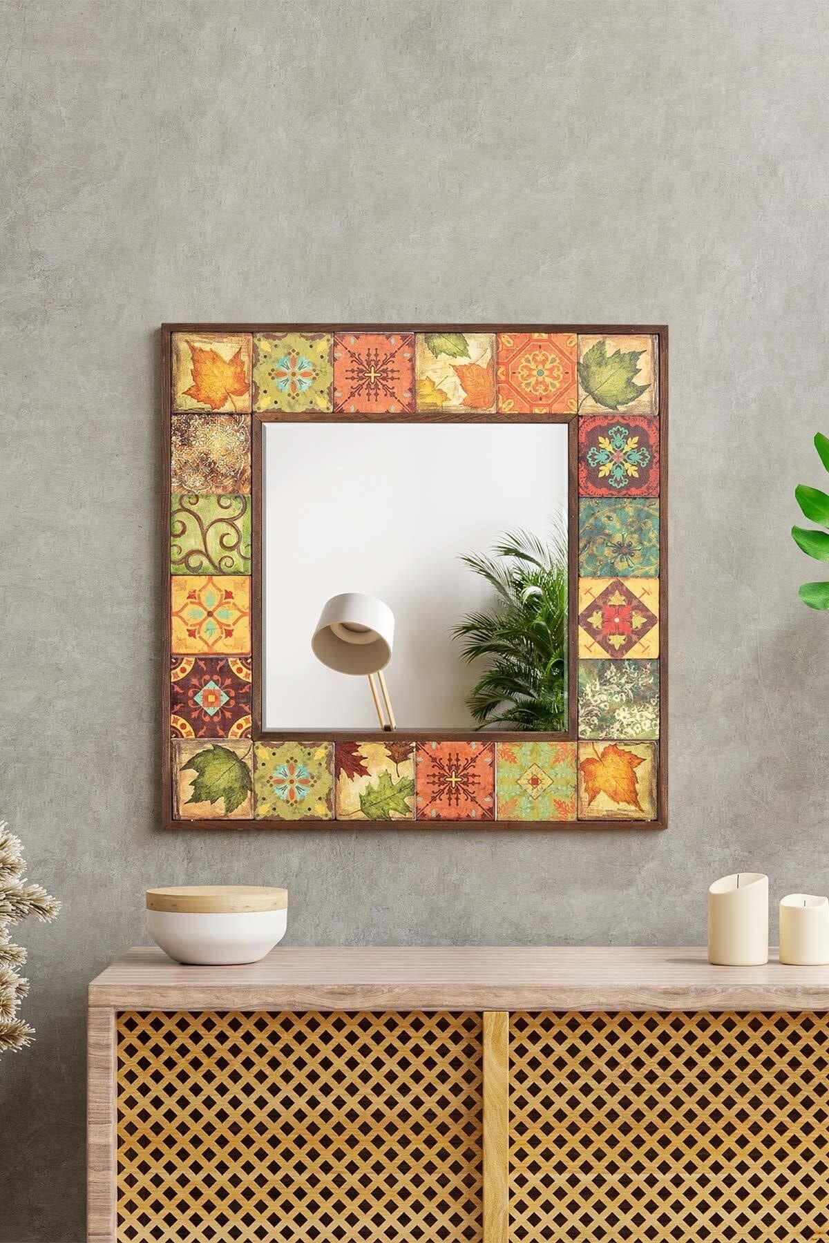 BlueHomeConcept Hazan Doğal Ağaç 62x62 Cm Çerçeveli Antik Limra Taş Kaplı Salon Duvar Konsol Ofis Boy Aynası