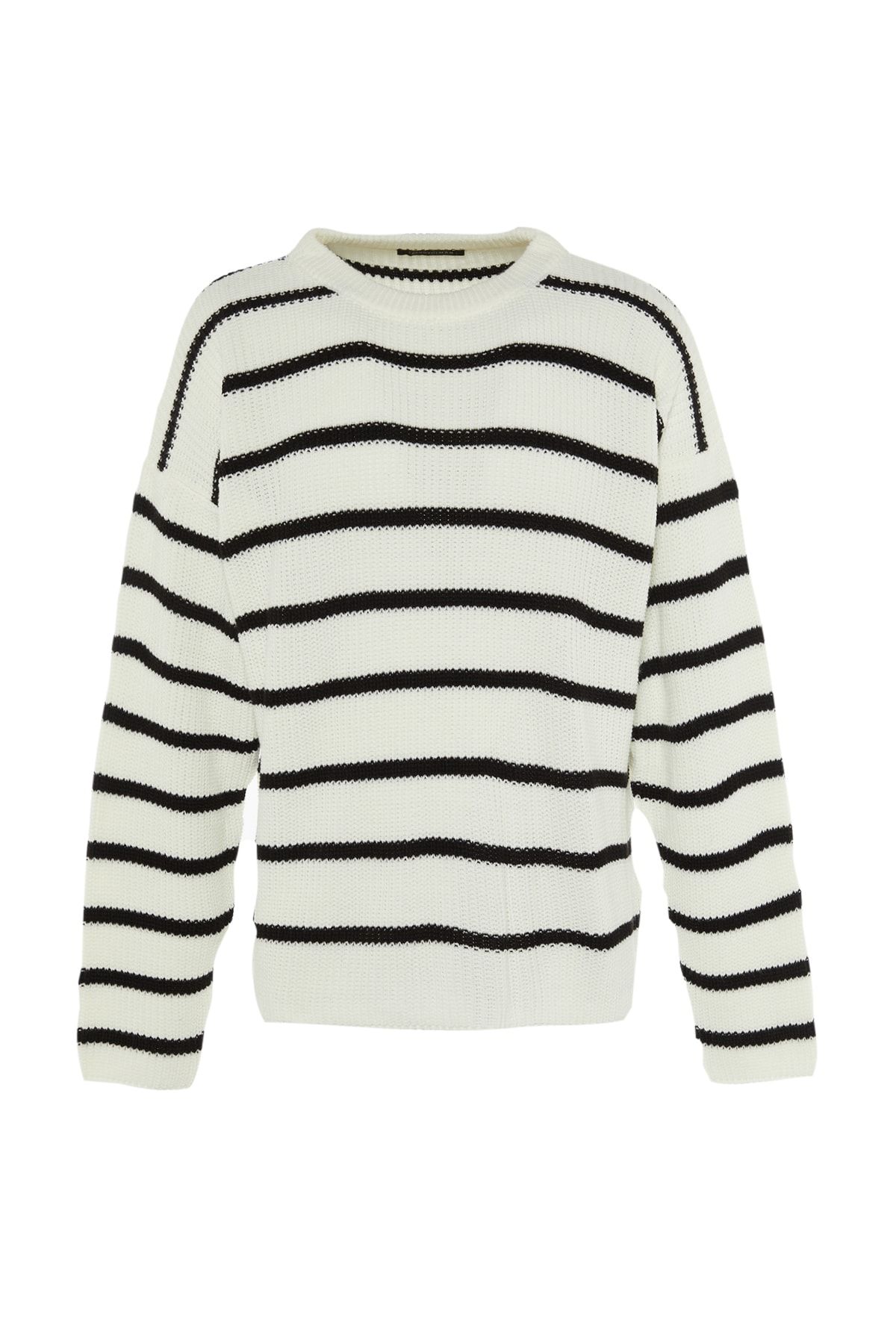 Trendyol Collection-Ecrufarbener, übergroßer, gestreifter Unisex-Pullover – Rundhalsausschnitt, doppelte breite Passform TMNAW23KZ00285 6