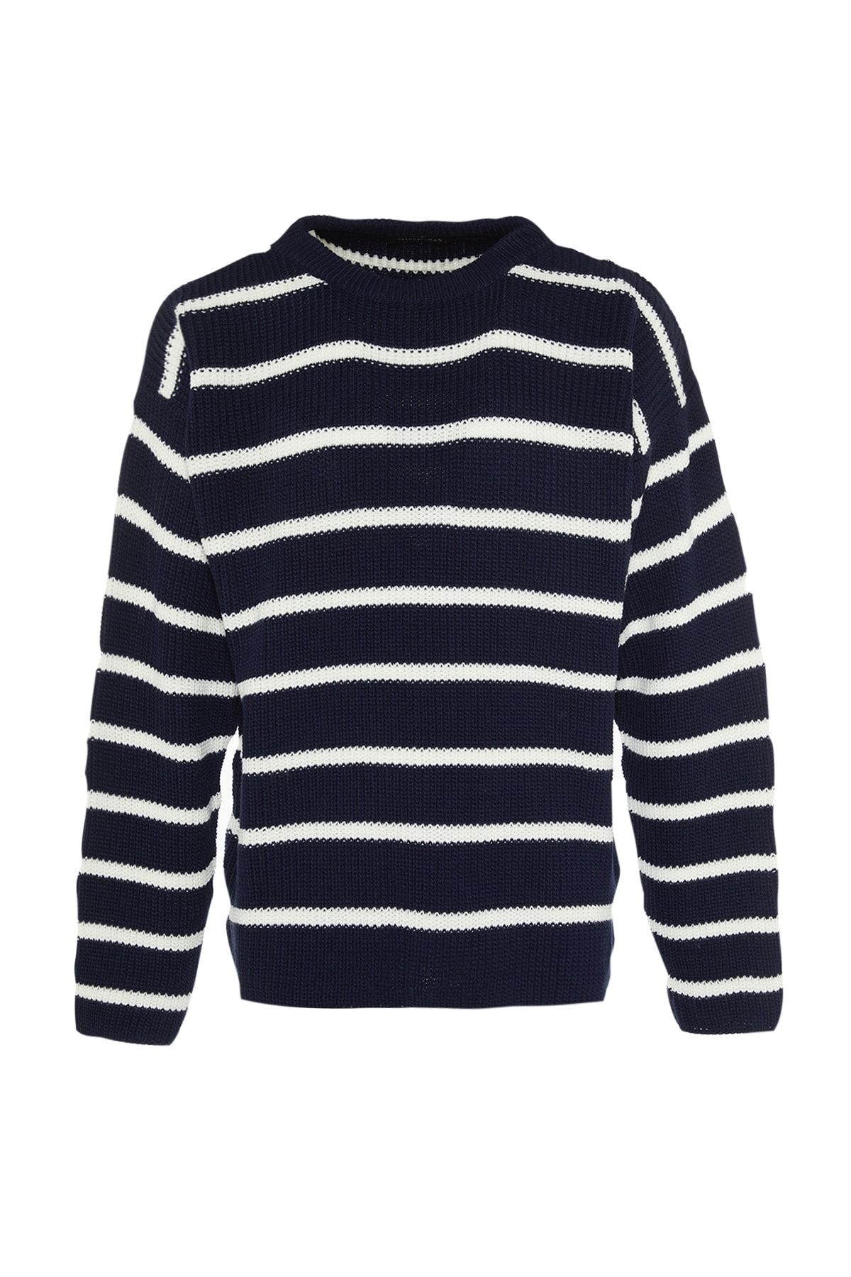 Trendyol Collection-Marineblauer Unisex-Strickpullover in Übergröße – Rundhalsausschnitt, gestreift TMNAW23KZ00285 6
