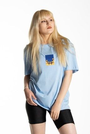 Kadın Açık Mavi Önü Duck Baskılı Bisiklet Yaka Oversize Pamuklu T-shirt JKMİS