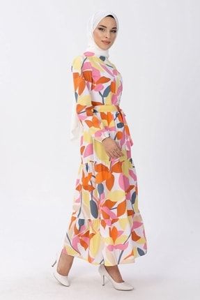 Kemerli Desenli Elbise Sarı 13601