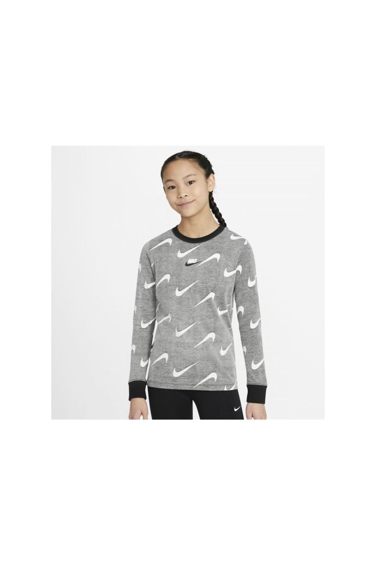 Nike Sportswear Swoosh Long Sleeve Girls Gray T Shirt Dm3490 010