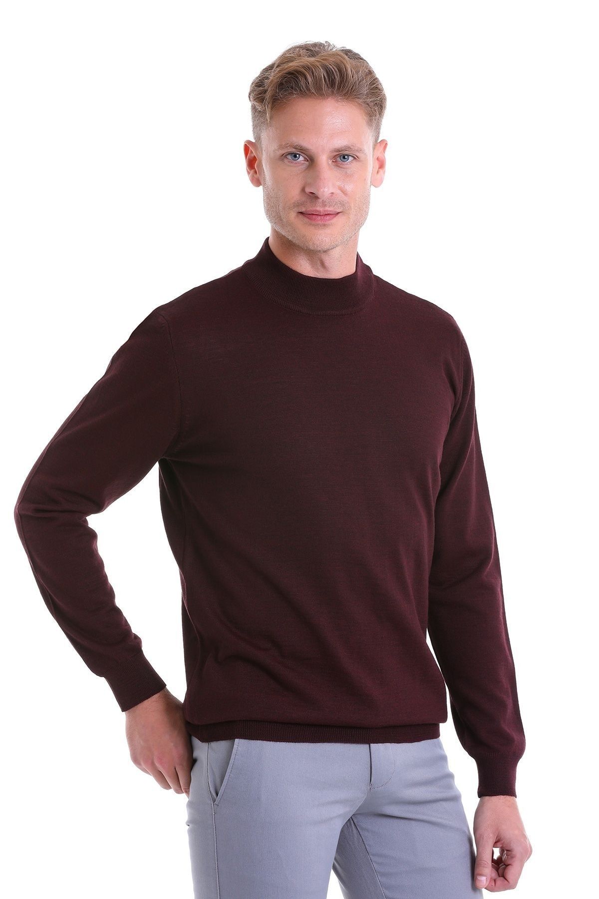 ژاکت پشمی نیم یقه یقه دار ساده Claret Red Comfort Fit Hatemoğlu