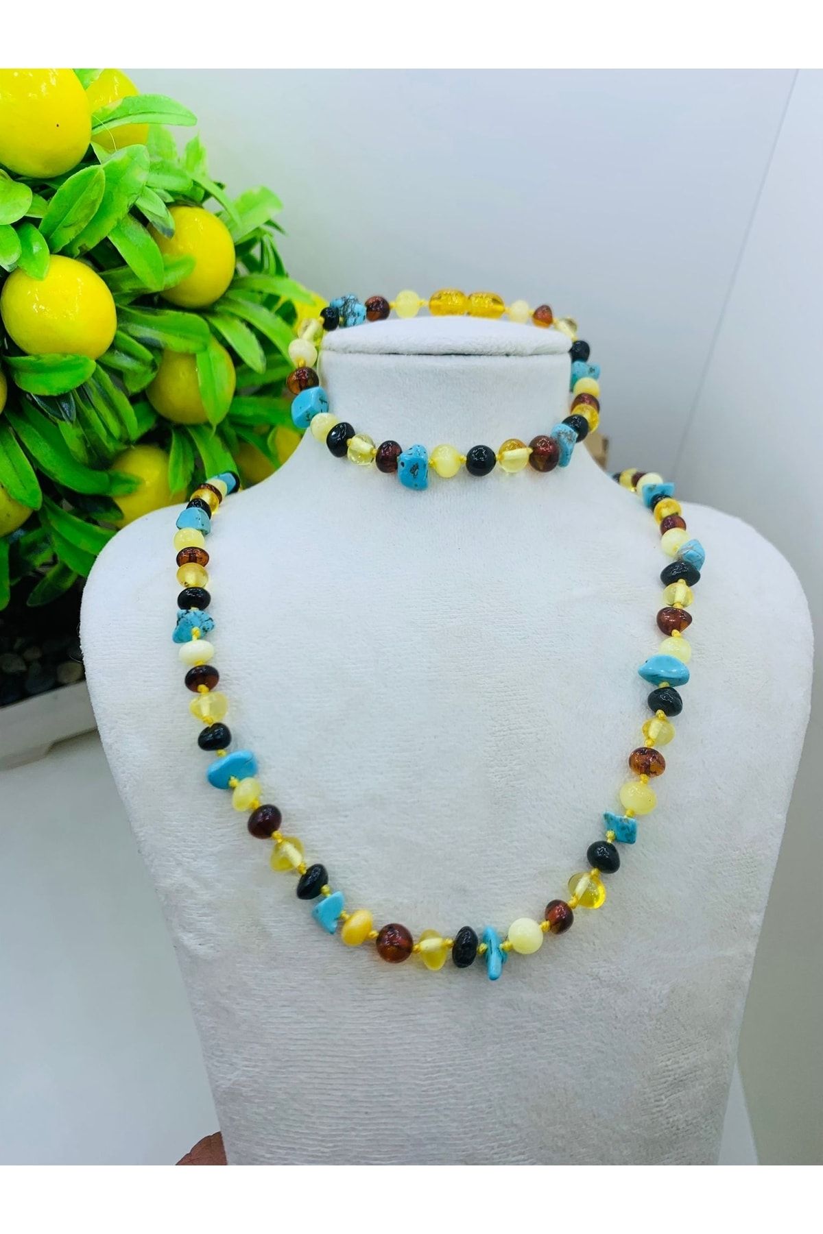 Stylemaks Model Firuze Baltık Damla Kehribar %100 Orjinal 45 Cm Yetişkin Kolye Bileklik- Set