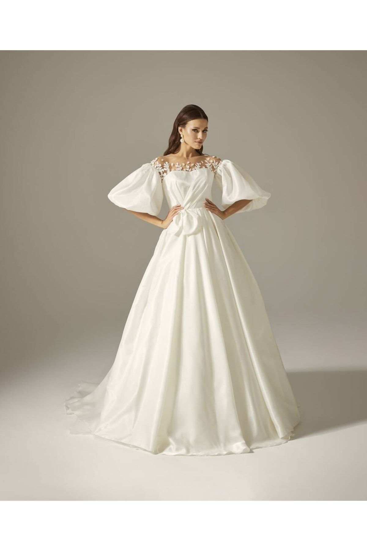 lacie satin balloon sleeve a line wedding dress