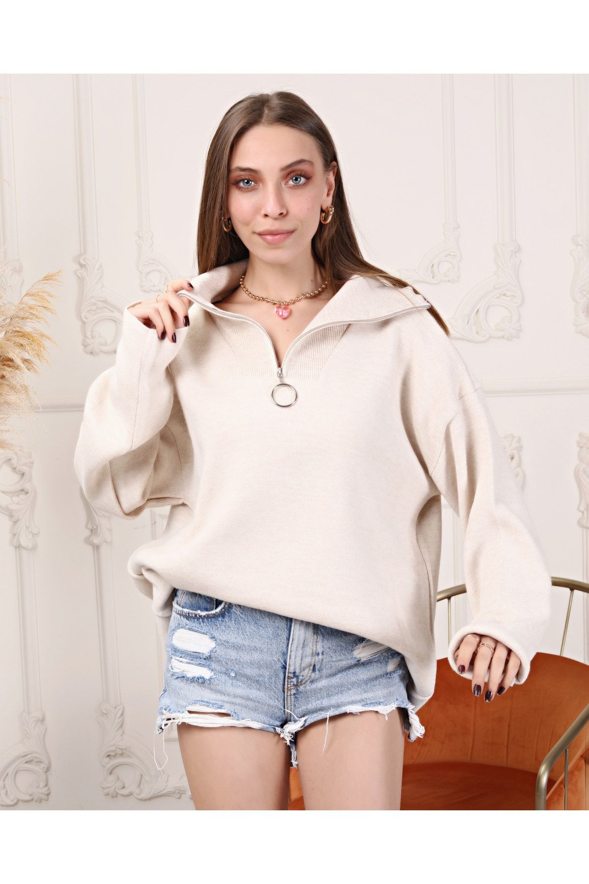 Jolinbutik Bej Fermuar Detaylı Polo Yaka Oversize Triko Kazak