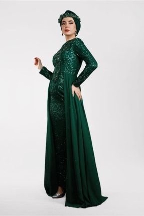 Kadın Yeşil Pelerin Görünümlü Payetli Abiye Elbise 42725 19YABLT42725
