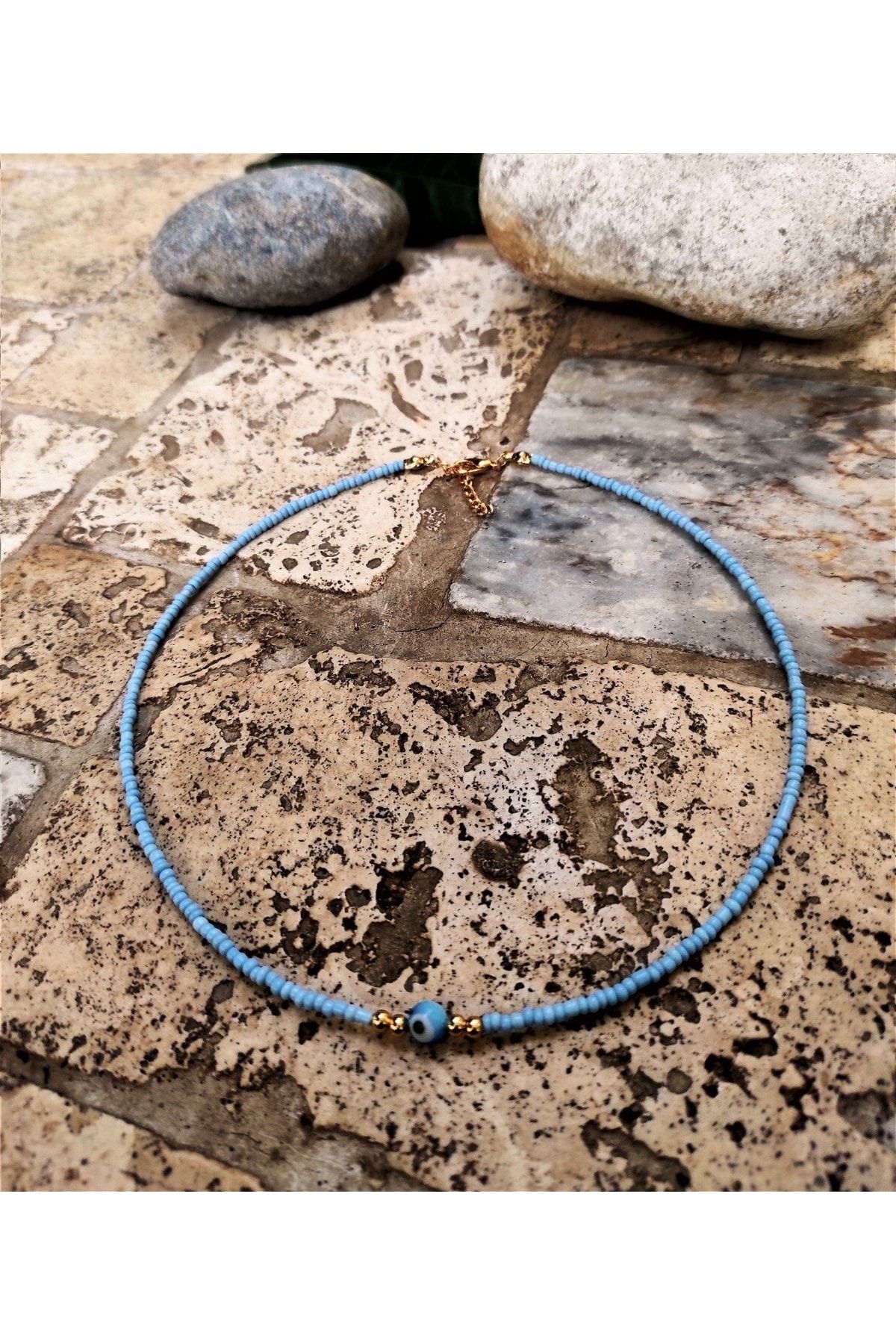 TÜKKAN ACCESSORİES-Gold Plated Evil Eye Bead Detail Blue Bead Necklace 3