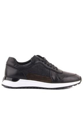 - Siyah Deri, Haki Süet Bağcıklı Erkek Sneaker 101-054-H1071