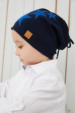 Erkek Çocuk Lacivert Mavi Yıldızlı Şapka Bere Yumuşak Çift Katlı %100 Doğal Pamuklu Penye BG57018