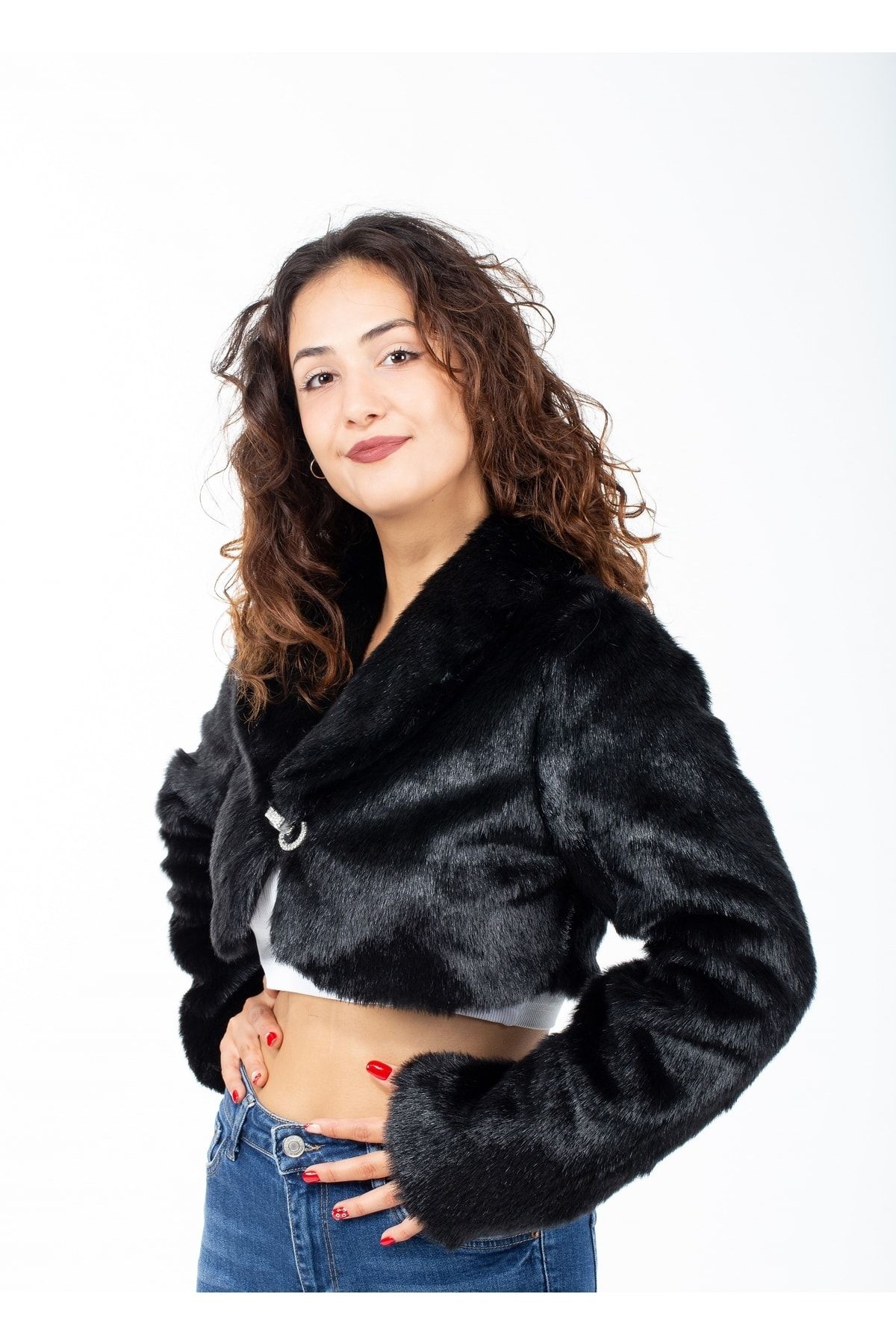 KürkZone-Women's Black Long Sleeve Fur Evening Dress Bridal Bolero 2