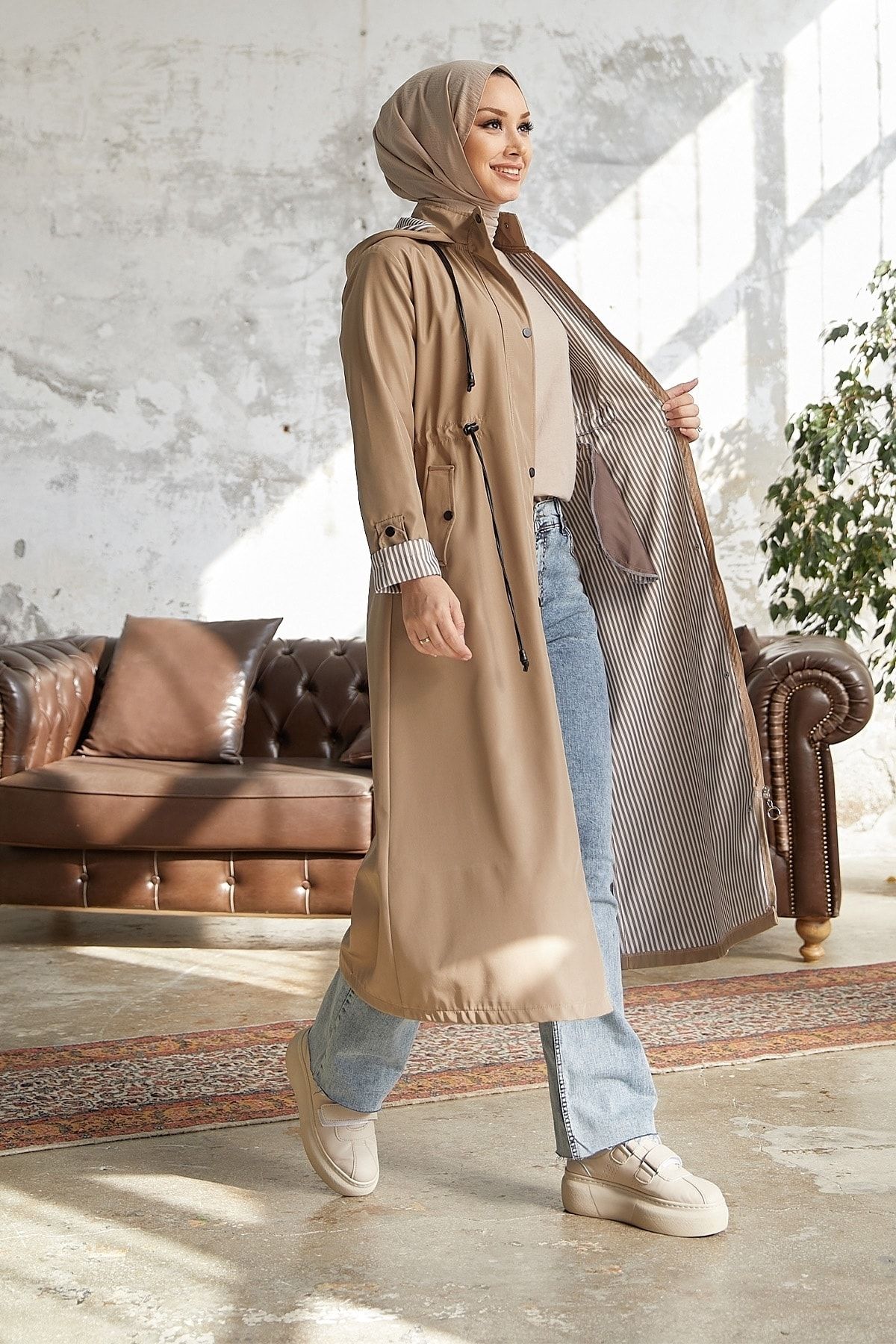 InStyle-معطف واق من المطر بنمط مخطط - بيج 4