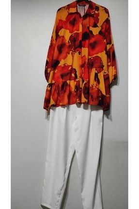 Kadın Turuncu-beyaz Renk Tam Yazlık Ikili-gömlek Pantolon Rahat Ikili Takım 21-8179