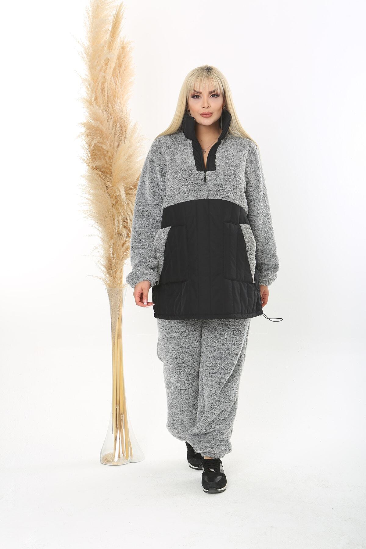 XL Modam-Set de pluș pentru femei de mărime mare, gri și negru 7