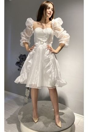 Kadın Beyaz Balon Kollu Fırfırlı Elbise OZEL6002