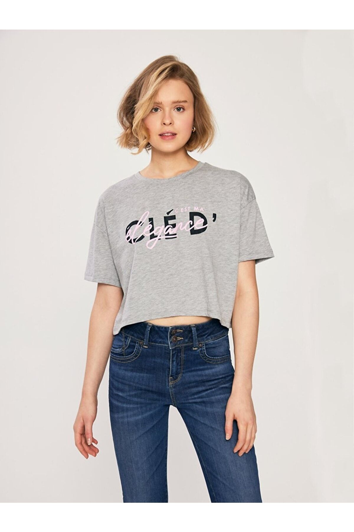 Ltb Slogan Printed Gray T shirt Trendyol