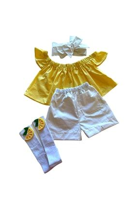 Kız Çocuk Straplez Bluz, Limon Desenli Çorap, Fiyonklu Saç Bandı Ve Şort Takımı QMAUCFJPNF