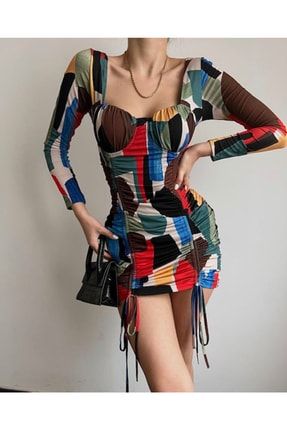 Kadın Desenli Büzgülü Renkli Mini Elbise 20159-1-Elbs