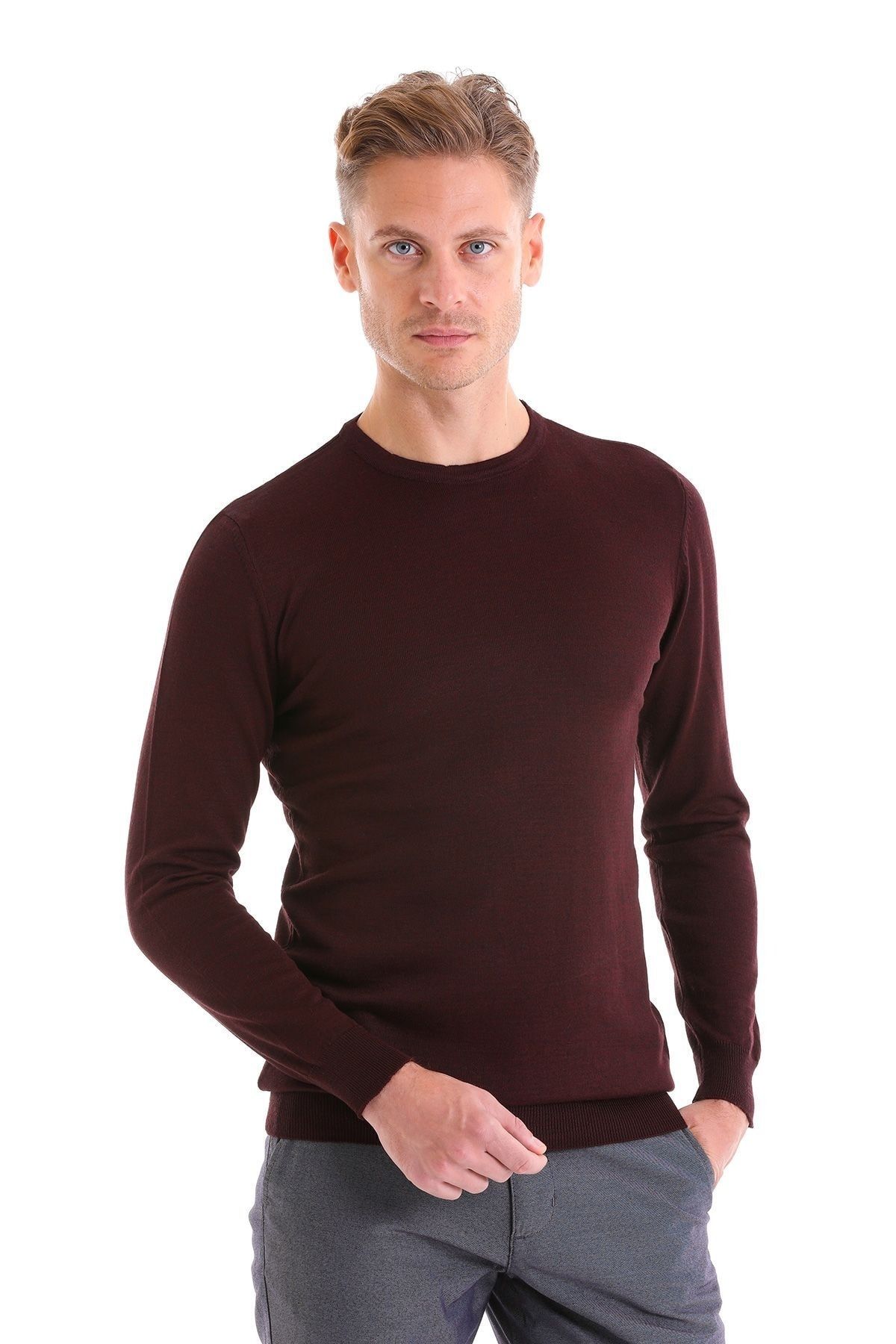 ژاکت پشمی یقه ای ساده Claret Red Comfort Fit Hatemoğlu