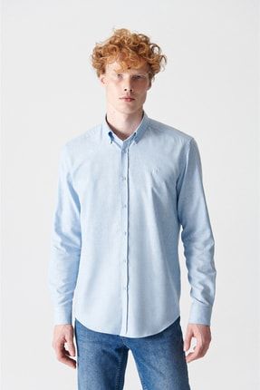 Erkek Açık Mavi Basic Düğmeli Yaka Pamuklu Comfort Fit Flanel Gömlek E002003
