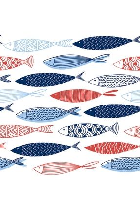 Beyaz Zemin Üzerine Çizgili Balık Desenli Dijital Baskılı Kumaş ALZHM110007