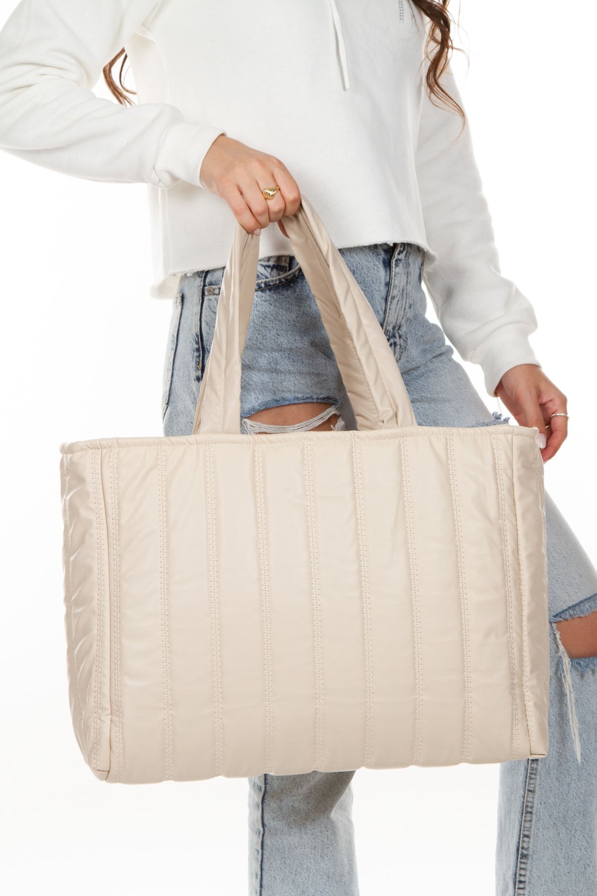 Large cream shop clutch bag