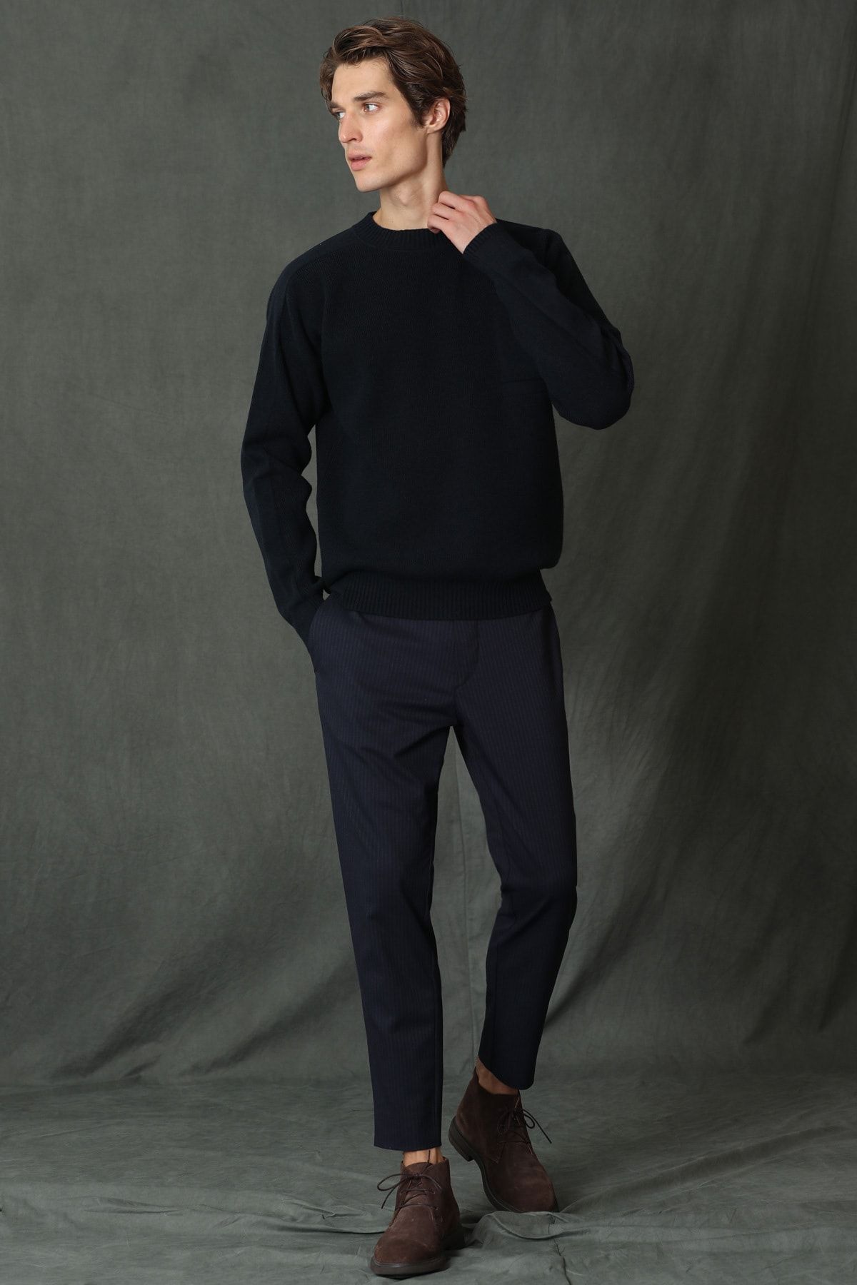 Black jumper hot sale blue trousers