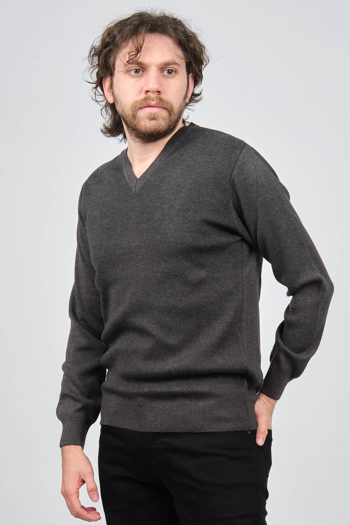 Ate Triko Men s V Neck Patterned Wool Sweater 6091746 Smoked