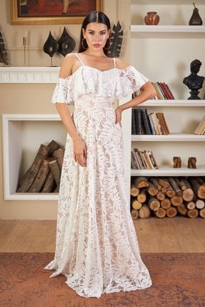 Kadın Bej Dantelli Düşük Kollu Uzun Dış Çekim Elbisesi C55708